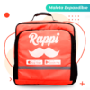 Maleta-expandible2 Mochila Expandible – Vista Frontal Pro Cuenta con una banda reflectiva horizontal de alta intensidad para seguridad en la vía y una asa superior ergonómica reforzada con caucho para transporte manual estable. con logo Rappi y bigote.
