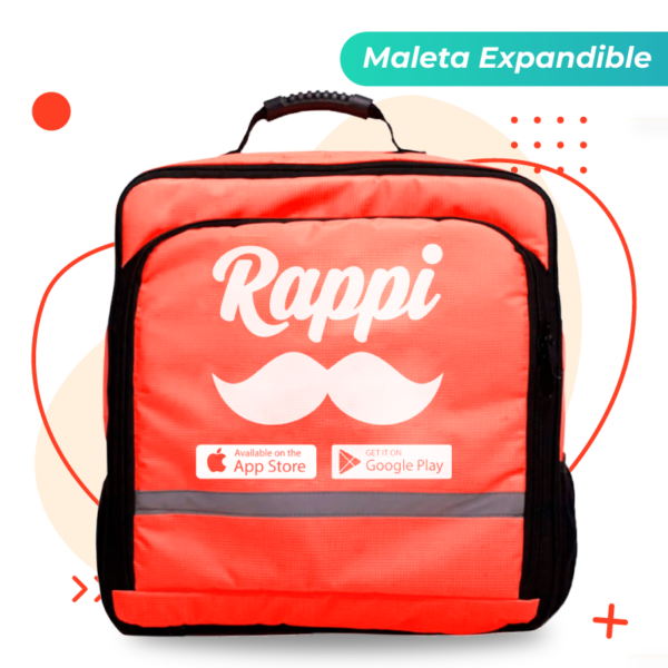 Maleta-expandible2 Mochila Expandible – Vista Frontal Pro Cuenta con una banda reflectiva horizontal de alta intensidad para seguridad en la vía y una asa superior ergonómica reforzada con caucho para transporte manual estable. con logo Rappi y bigote.