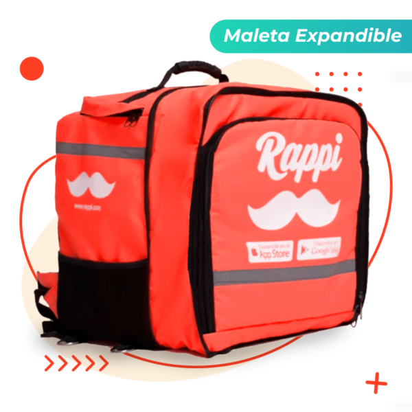 Maleta-expandible3 Mochila Expnadible Mochila Rappi con cierre de expansión, material impermeable y cintas reflectivas. Incluye asa superior y bolsillos laterales de malla